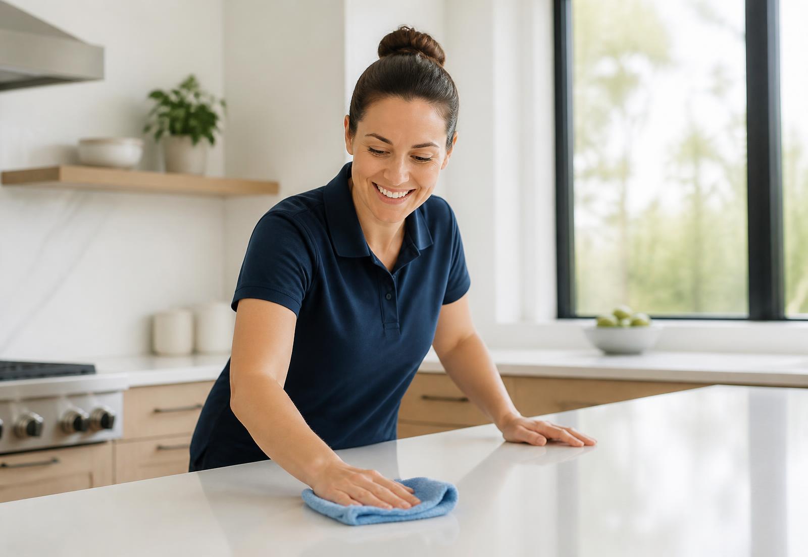 Professional cleaner wiping a spotless kitchen counter in a Winnipeg home